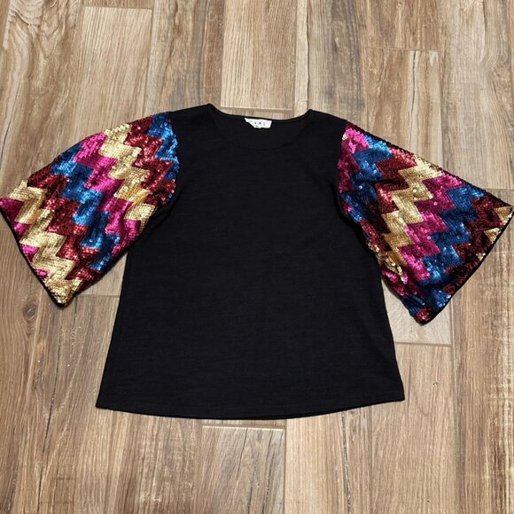 THML Black Sweater Top with Chevron Sequin Bell Sleeves - Picture 1 of 3